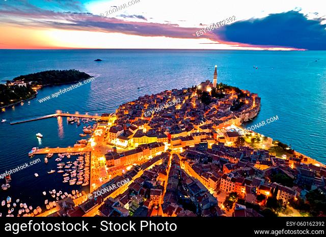 Town of Rovinj historic peninula aerial dusk view, Istria region of Croatia