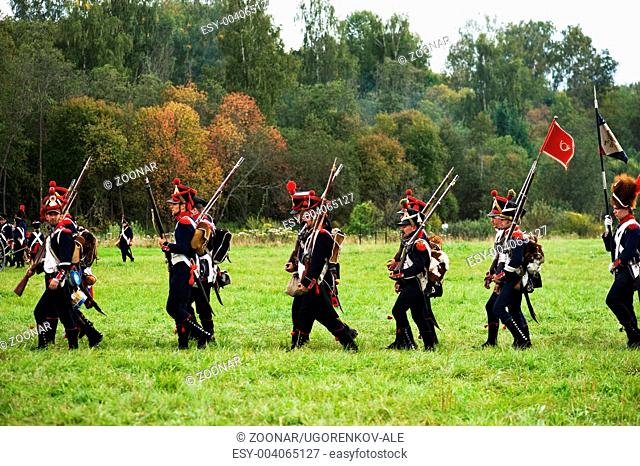 Reenactment battle of the Borodino between Russian and French armies in 1812