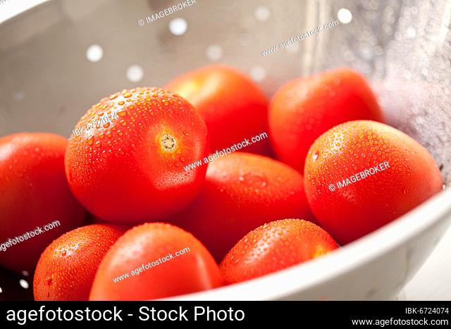 Macro of fresh, vibrant roma tomatoes in colander with water drops