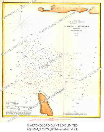 1853, U.S. Coast Survey Map of the Romer and Flynn's Shoals near Coney Island, New York