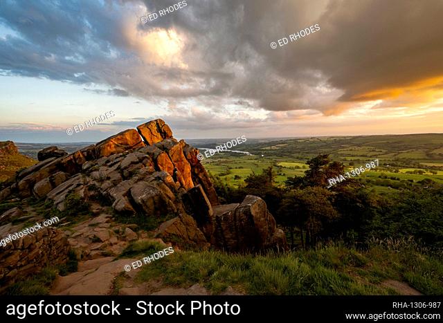 View of the The Roaches rock formation and Tittesworth reservoir in late summer, Staffordshire, England, United Kingdom, Europe