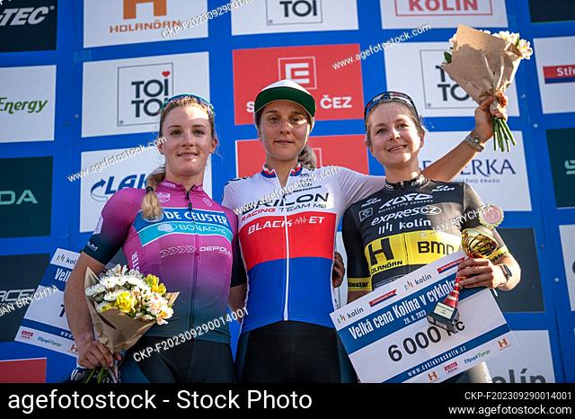 TOI TOI Cup Czech cup in cyclocross, cyclocross, podium women, left (P2) Alicia Franck (BEL), middle (P1) Kristyna Zemanova, right (P3) Tereza Tvaruzkova, Kolin