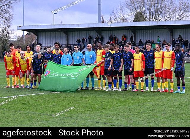 players of both teams pictured posing with the UEFA respect flag ahead of the Uefa Youth League matchday 6 game in group B in the 2023-2024 season between the...