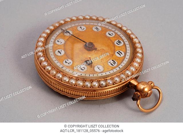 Chevalier & Cochet, Gold ladies watch or pocket watch, front and back trimmed with pearls, gold dial with enamel minute edge and number plates and windings in...