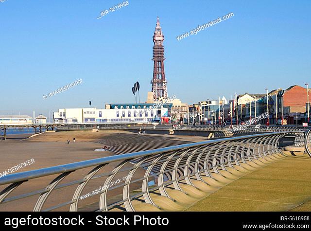 New promenade development in seaside resort, Blackpool Tower in background, Blackpool, Lancashire, England, United Kingdom, Europe