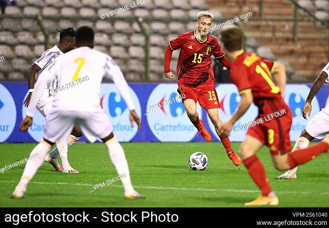 Belgium's Alexis Saelemaekers fights for the ball during a friendly game between the Belgian national soccer team Red Devils and Ivory Coast