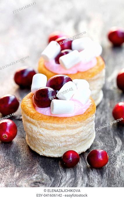 puff pastry stuffed with fruity soft cream cheese and cranberry on wooden background