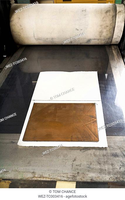 Germany, Bavaria, Copperplate printing in print shop