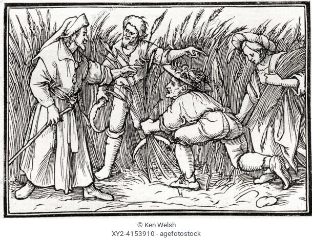 Boaz and Ruth in the barley field, after a woodcut by Hans Holbein. From Histoire de La Gravure, published 1880