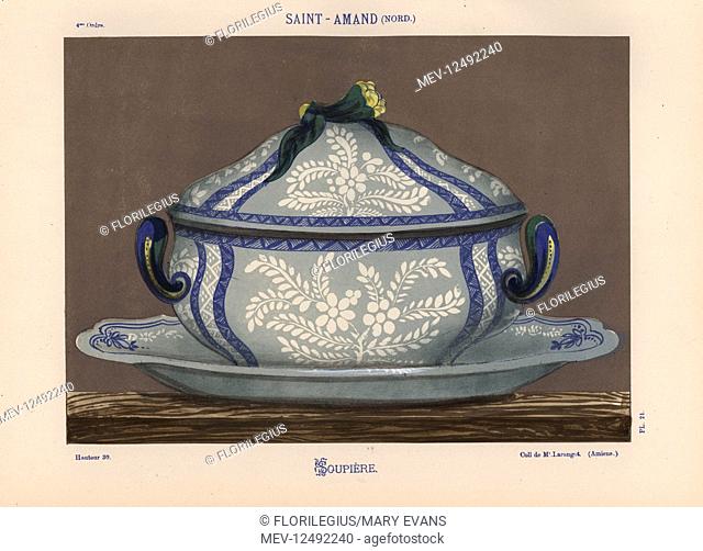 Soup dish from Saint-Amand, Normandy, France. Hand-finished chromolithograph from Ris Paquot's General History of Ancient French and Foreign Glazed Pottery