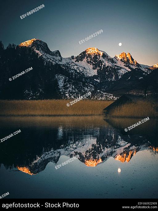 Lake Almsee with Mountain Reflection during Sunrise during Spring in Austria