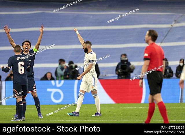 Madrid Spain; 09.03, 2022.- Real Madrid vs. Paris Saint-Germain in the Champions League football match in the round of 16 held at the Santiago Bernabeu stadium...