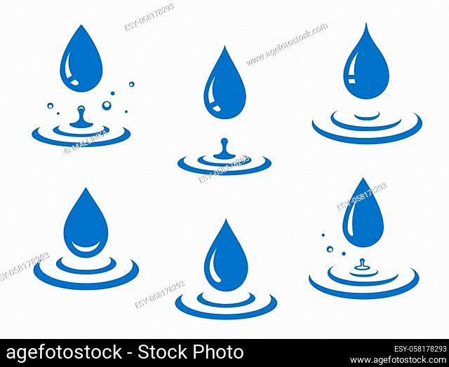 blue water drops icons set and splash with splatters on white background