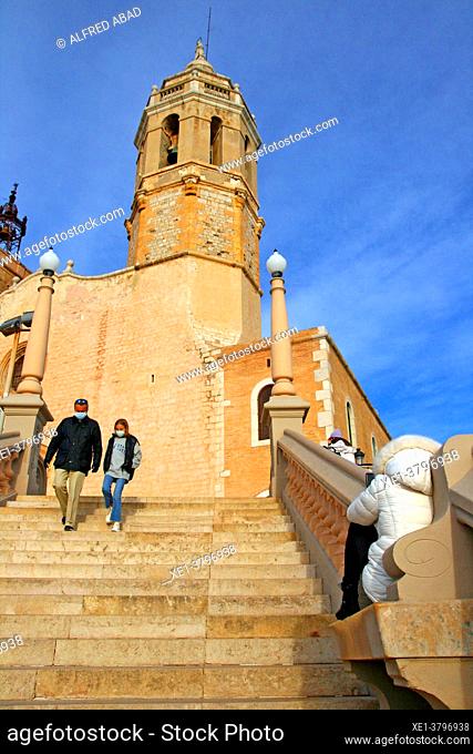stairway and baroque church of Sant Bartomeu i Santa Tecla, Sitges, Catalonia, Spain