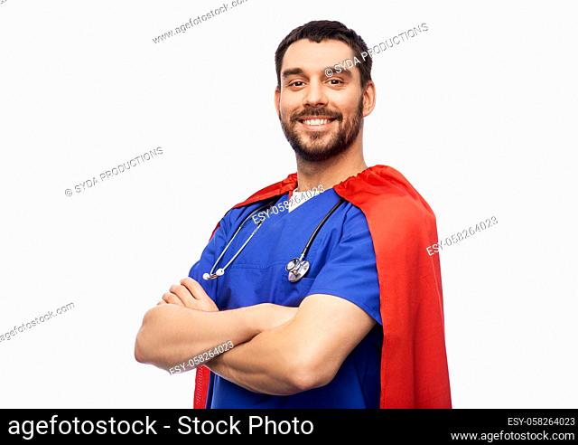 smiling doctor or male nurse in superhero cape