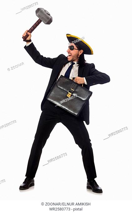 Pirate businessman with hammer and briefcase isolated on white