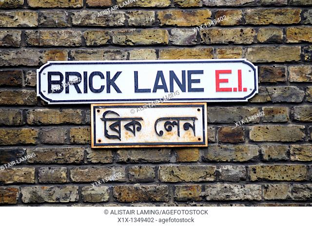Bilingual Brick Lane E1 street sign, London, England, Uk