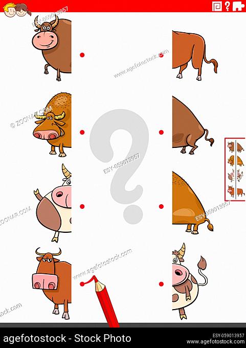Cartoon illustration of educational game of matching halves of pictures with funny bulls farm animal characters