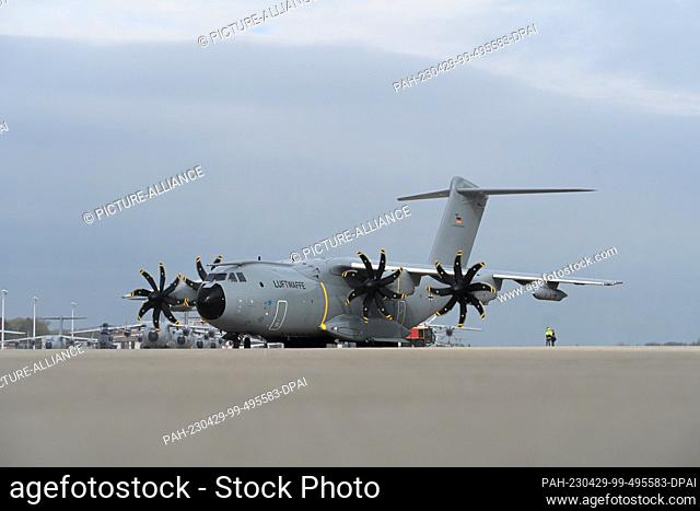 28 April 2023, Lower Saxony, Wunstorf: An Airbus A400M transport aircraft of the German Air Force stands at the air base
