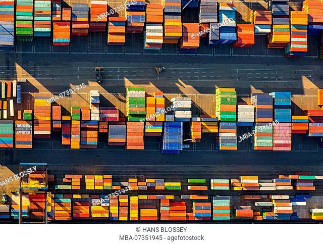 Stacked containers on Logport I, inland port, Rhine port, Duisburg port, Duisburg, Ruhr area, North Rhine-Westphalia, Germany
