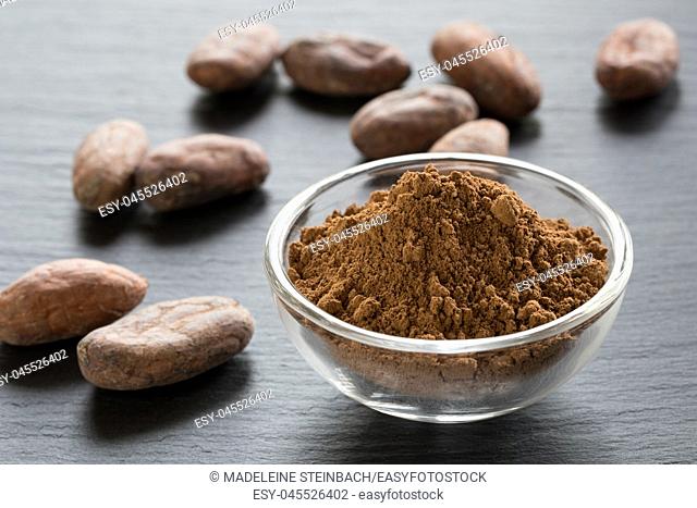 Raw unroasted cocoa powder and raw cacao nibs on a dark background
