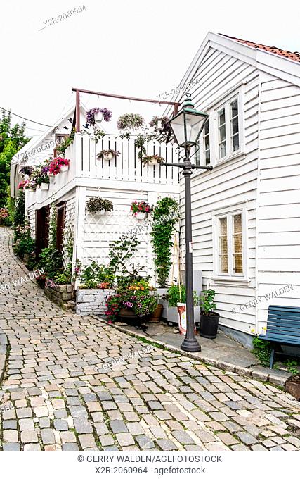 Street corner with lamp post in the old town area of Stavanger in Norway