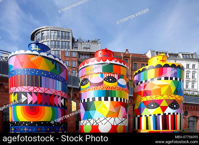 Brightly painted fermenting tanks of the Überquell brewery, Hafenstrasse, Saint Pauli, Hamburg, Germany, Europe
