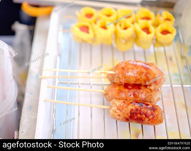 Grilled Sausage Skewers , Thai street food