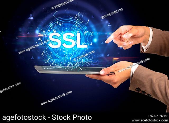 Close-up of a touchscreen with SSL abbreviation, modern technology concept