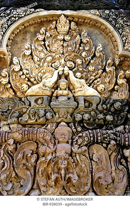 Stone relief of elephants, Branteay Srei Temple, Angkor, Siem Reap, Cambodia, Southeast Asia