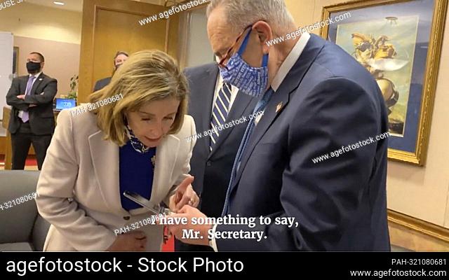 Speaker of the United States House of Representatives Nancy Pelosi (Democrat of California), with US Senate Majority Leader Chuck Schumer (Democrat of New York)