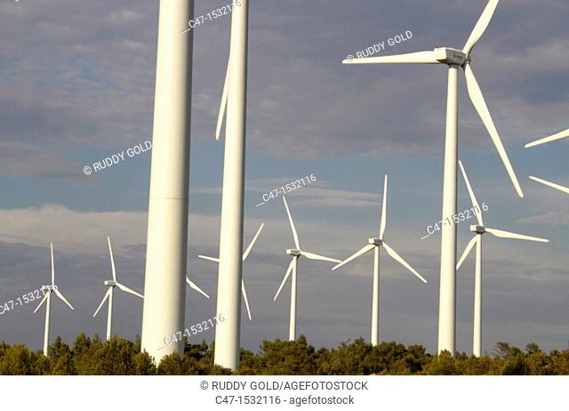 Spain, Catalonia, Lleida province, Tarres, Windmills at the Pla del Cintet