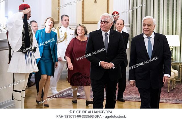 11 October 2018, Greece, Athens: Federal President Frank-Walter Steinmeier and his wife Elke Büdenbender, Prokopis Pavlopoulos, President of Greece
