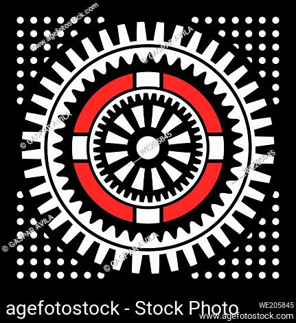 Graphic design of an abstract mechanical object on a black background