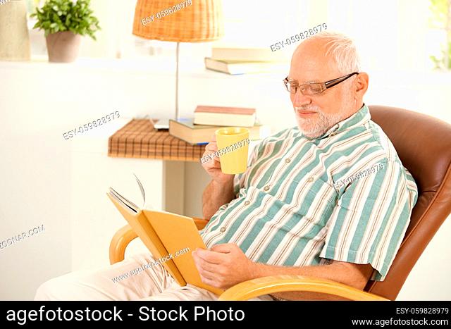 Smiling senior relaxing at home, reading book and drinking tea, sitting in living room armchair