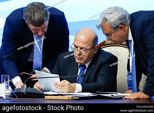 KYRGYZSTAN, BISHKEK - OCTOBER 26, 2023: Russia's Prime Minister Mikhail Mishustin (seated) attends the 22nd session of the Council of Heads of Government (Prime...