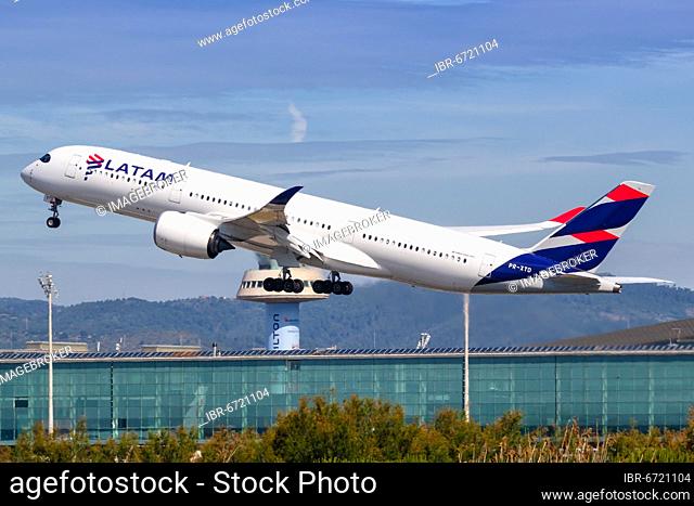 A LATAM Airlines Airbus A350-900 with the registration PR-XTD takes off from Barcelona Airport, Spain, Europe