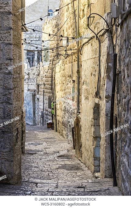 old town cobbled street scene in ancient jerusalem city israel