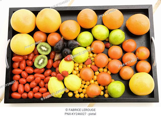 Fruits and vegetables in a tray