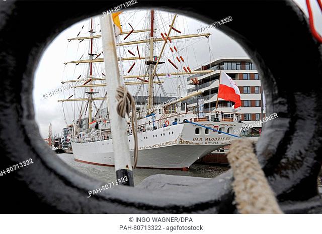 The Polish four-masted fully rigged ship 'Dar Mlodziezy' is docked at the pier in the Neuer Hafen harbor in Bremerhaven,  Germany, 26 May 2016