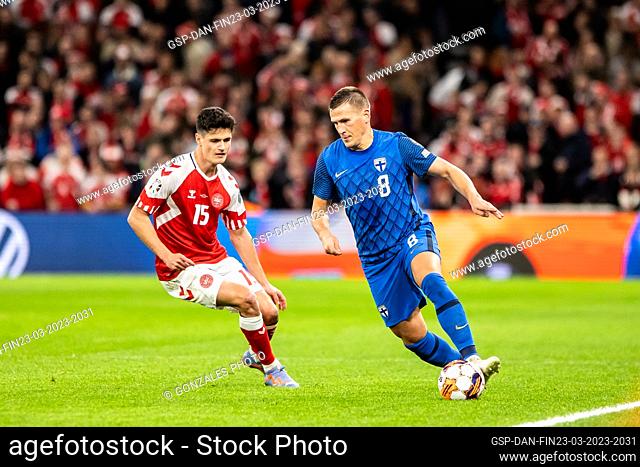 Copenhagen, Denmark. 23rd, March 2023. Robin Lod (8) of Finland seen during the UEFA Euro 2024 qualification match between Denmark and Finland at Parken in...