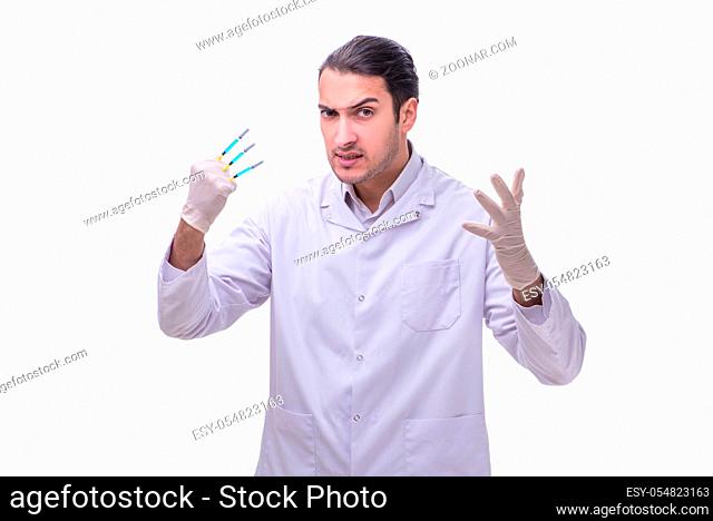 The young handsome doctor with syringe isolated on white