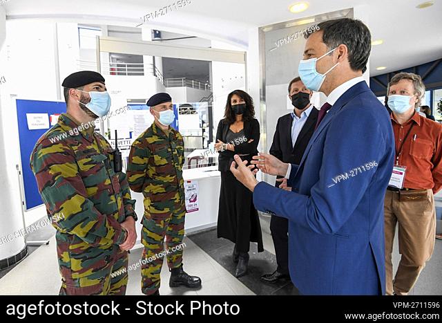Prime Minister Alexander De Croo pictured during a visit to the vaccination center at CEME Charleroi Espace Meeting Europeen, Wednesday 05 May 2021