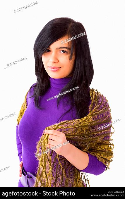 Muslim Woman wearing vivid dress and scarf isolated on white