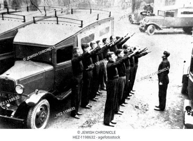 British Union of Fascists' Mobile Defence Squad parades its van at Black House, Chelsea, c1934