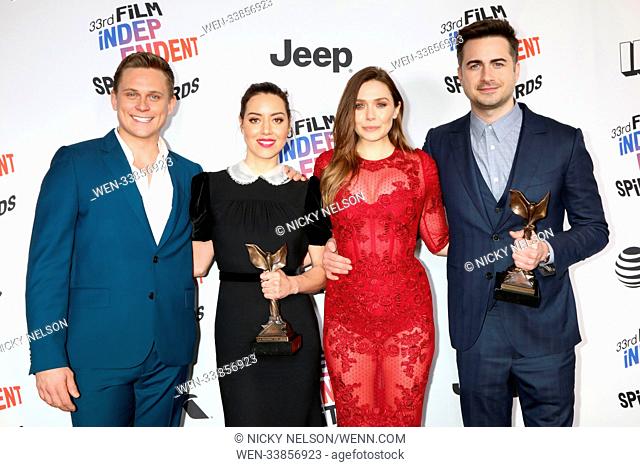 33rd Annual Film Independent Spirit Awards at Santa Monica Pier - Press Room Featuring: Billy Magnussen, Aubrey Plaza, Elizabeth Olsen