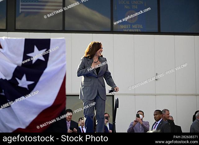 United States Vice President Kamala Harris arrives on stage at the Sheetmetal Workers Local 19 Hall in Philadelphia, Pennsylvania, USA, 12 April 2022