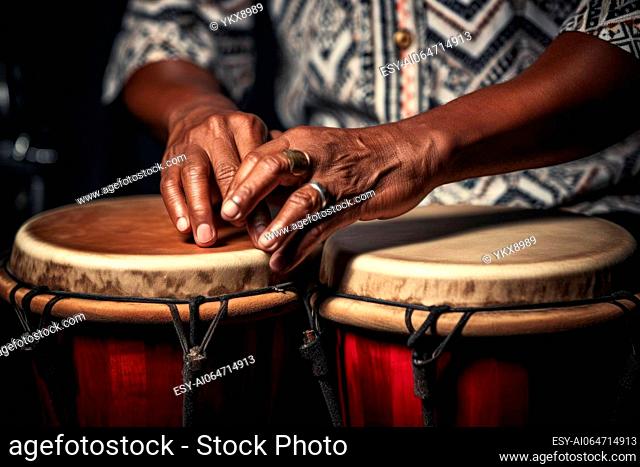 Close ups of hands striking drums and percussion instruments for retro rhythms