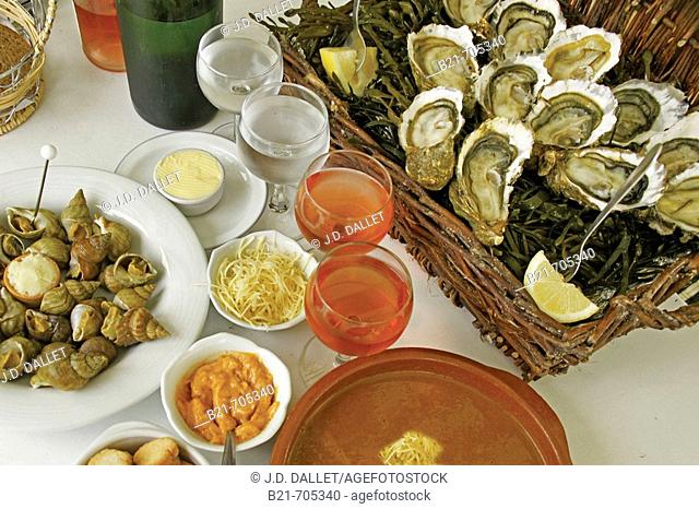 France-Charente Maritime-   'Bulots', 'Huitres' and fish soup, on the Island of Ré.  Food