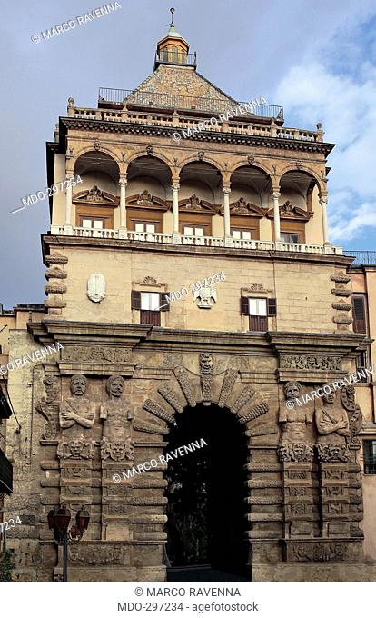 Palermo, Porta Nuova (New Gate), by Ferramolino Antonio, 1583, 16th Century, . Italy; Sicily; Palermo; Porta Nuova; . Front view door doorway arch...